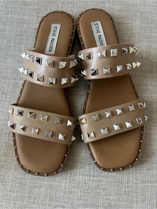 Steve Madden Shoes - Steve Madden women’s Tan Studded Double-Strap Slide Sandals, Size 7.5.
